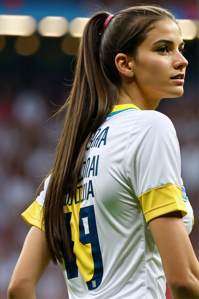 Create an animated image of a white girl with straight brown hair with her back facing the Colombia vs Argentina match wearing the Colombia shirt with the number 6 
