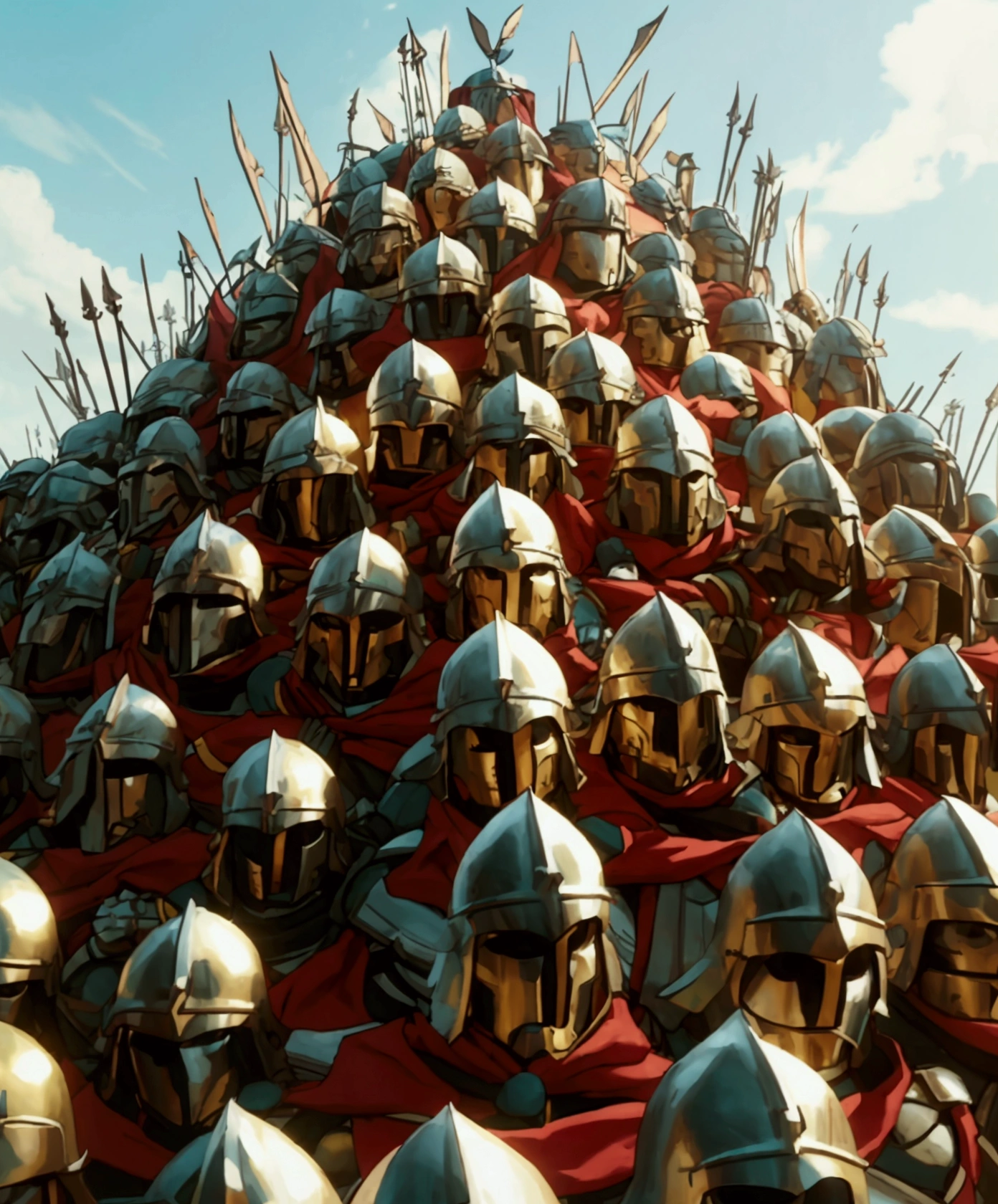 Master Piece, best quality, (extremely detailed CG unity 8k wallpaper), (best quality) 8k detail. A pyramid pile of 300 unconscious male barbarian soldiers defeated in battle. The 300 unconscious barbarian soldiers are piled up on top of each other, one by one. They are clad in armor and helmets. spikes stick out of the pile of bodies. spears with small pennant flags stick out of the pile of bodies. arms, legs and heads stick out of the pile randomly. The pile is 30 feet high.
