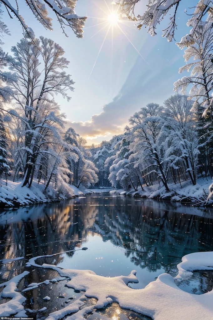 A breathtaking winter landscape featuring a snow-covered forest with tall, majestic pine trees. The scene is vibrant and full of life, with the soft glow of the morning sun casting golden hues over the snow, creating a magical atmosphere. The sky is a brilliant mix of pastel colors, transitioning from a deep, crisp blue to a soft pink and purple. In the foreground, a frozen river glistens with the reflection of the surrounding trees and the sky above. Icicles hang from the branches, catching the light and adding a touch of sparkle. The entire scene is serene yet dynamic, capturing the essence of a beautiful and vibrant winter wonderland.
