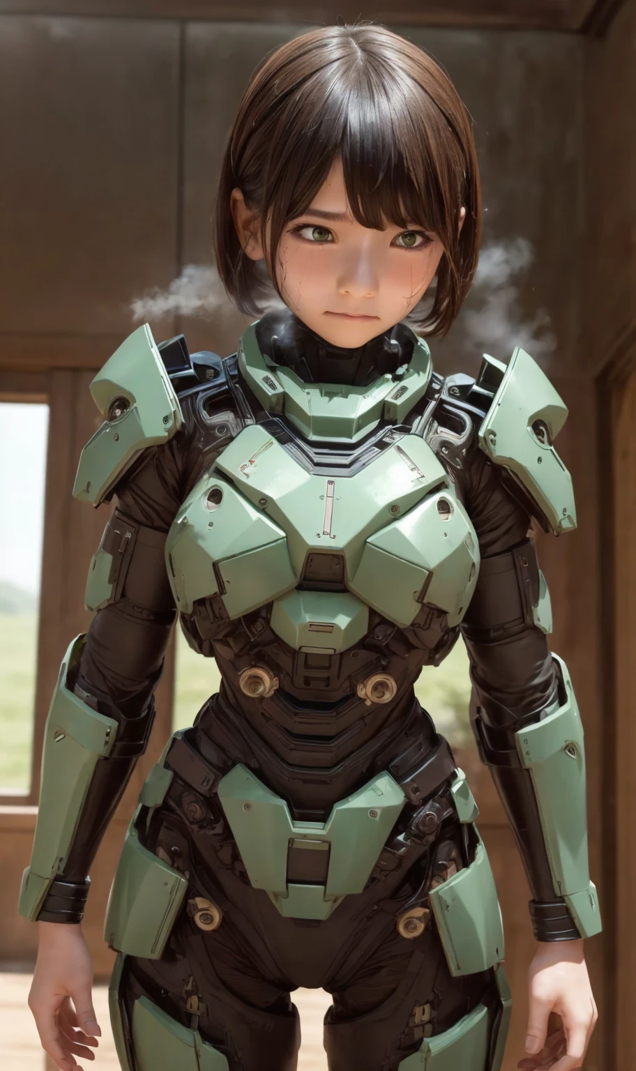 Textured skin, Very detailed, Attention to detail, high quality, 最high quality, High resolution, 1080P, hard disk, beautiful,(War Machine),beautifulサイボーグ女性,Dark Green Mecha Cyborg Girl,Fight,Girl with a mechanical body,、Kindergarten girl　Boyish short hair、Sweaty brown eyes、Sweaty face、Expressions of distress　Blushing　cute　Black-haired　((Steam coming from the head)) (Steam coming out of the whole body) Cool pose　No skin showing　Transformation pose