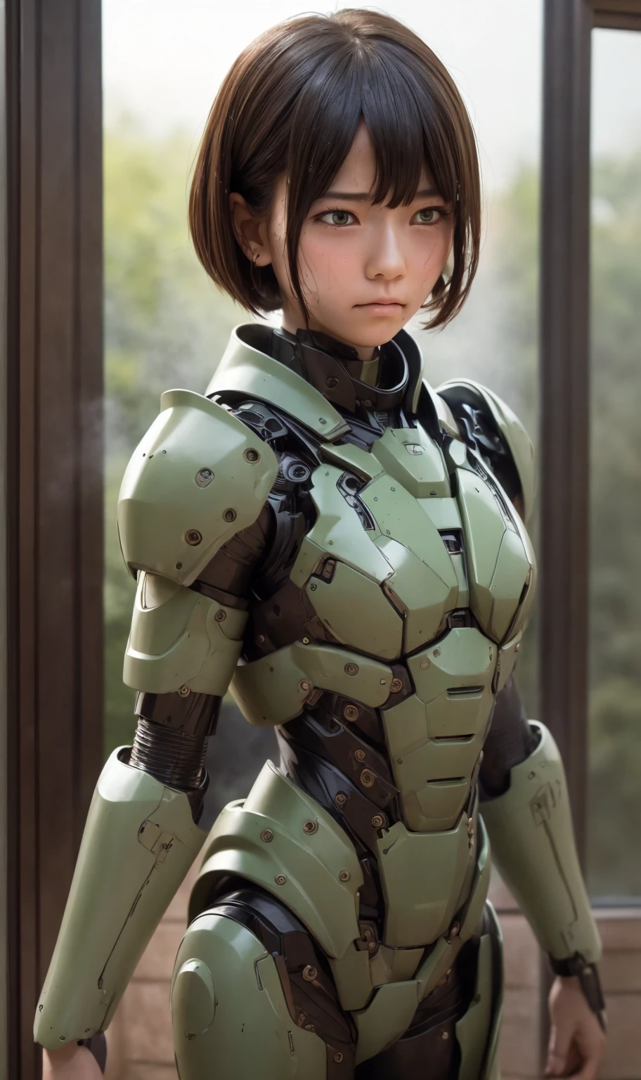 Textured skin, Very detailed, Attention to detail, high quality, 最high quality, High resolution, 1080P, hard disk, beautiful,(War Machine),beautifulサイボーグ女性,Dark Green Mecha Cyborg Girl,Fight,Girl with a mechanical body,、Kindergarten girl　Boyish short hair、Sweaty brown eyes、Sweaty face、Expressions of distress　Blushing　cute　Black-haired　((Steam coming from the head)) (Steam coming out of the whole body) Cool pose　No skin showing　Transformation pose