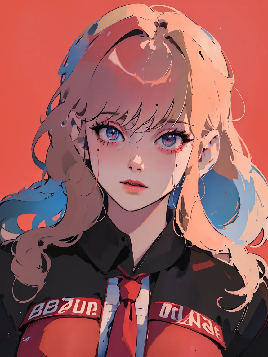 A girl with red wavy hair, detailed facial features, blue tie, praying, red background, best quality, 4k, 8k, highres, masterpiece:1.2, ultra-detailed, realistic, photorealistic, photo-realistic:1.37, HDR, UHD, studio lighting, ultra-fine painting, sharp focus, physically-based rendering, extreme detail description, professional, vivid colors, bokeh, portrait