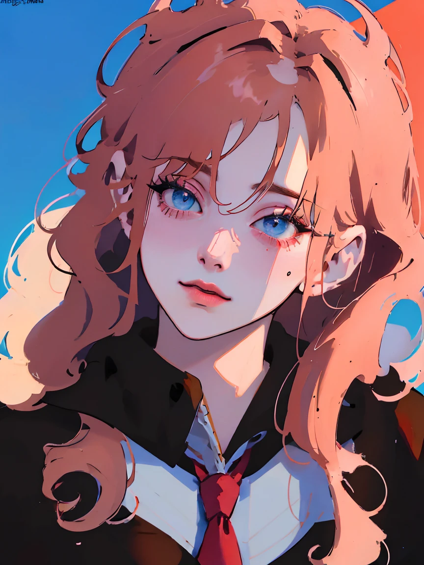 A girl with red wavy hair, detailed facial features, blue tie, praying, red background, best quality, 4k, 8k, highres, masterpiece:1.2, ultra-detailed, realistic, photorealistic, photo-realistic:1.37, HDR, UHD, studio lighting, ultra-fine painting, sharp focus, physically-based rendering, extreme detail description, professional, vivid colors, bokeh, portrait