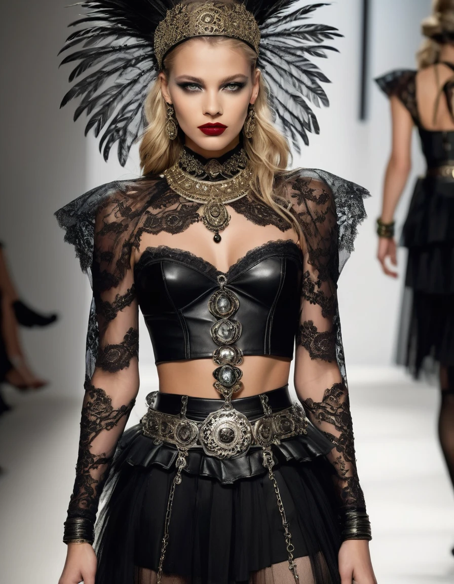blouse: black lace, with veil sleeves, with tribal embroidery on the neck and shoulders.
Skirt: Black tulle with asymmetrical layers and lace details and indigenous embroidery.
corset: Black leather with metal buckles and tribal embroidery.
Black veiled stockings Belt: Wide black leather with decorated buckle and leather straps with beads and feathers.
accessories: Lace and metal bracelets, bead and feather necklaces, silver rings with engravings, and wide metal bracelet.
shoes: Black military boots with lace and metal details.
make-up: Smokey eyes with terracotta colors, gold and black. deep red lips.
Additional details: Lace headdresses, colored ribbons in long curly blonde hair