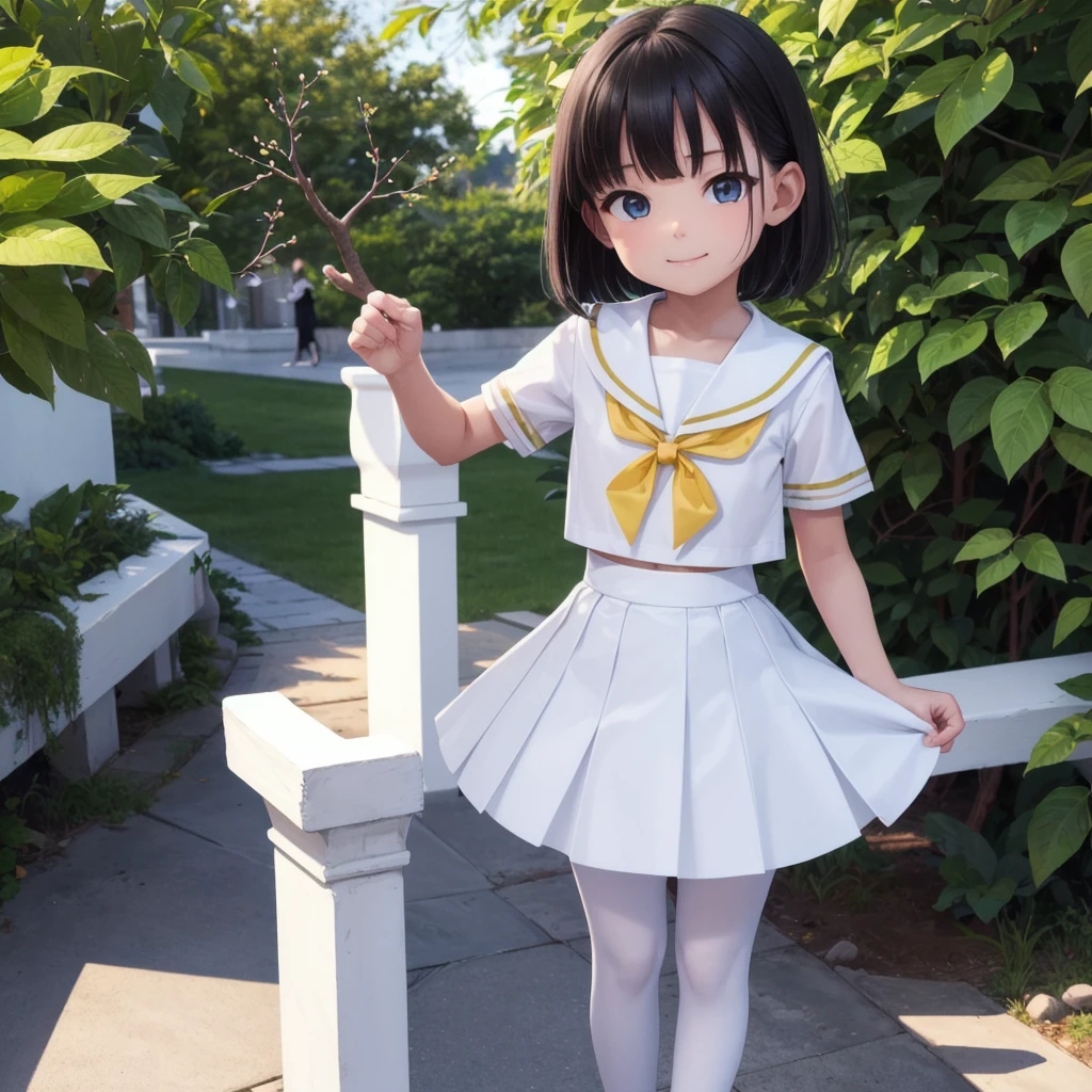 1people々 girl, clear, cute, (View your audience:1.0), detaileds sky, ((masterpiece:1.4, Highest quality)), multiple detaileds, eye shadow, SFW, (Medium Shot:1.5), Gradient Eye,
roller:addition_detailed:0.8>, (Black Pantyhose:1.2), straight,
1people々 girl, have, Sailor, Branch Eyes, short hair, Black Hair, Sailor collar, White shirt, Translucent white long skirt, Below the knee skirt, Murasa Minamitsu, hishaku、smile