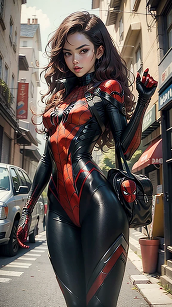 Beautiful woman detailed defined body using spider man cosplay, small breasts