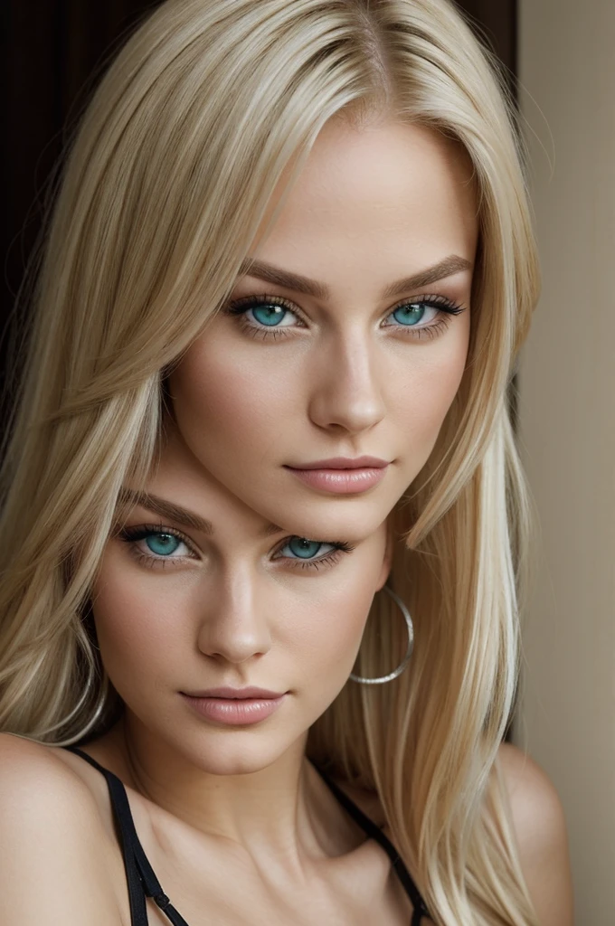 portrait of a young Caucasian woman of 20 years old. she is platinum blonde with green eyes. very realistic. she is very beautiful. she has very luscious and well-defined lips with very pretty cheekbones. she is very beautiful. she is wearing a black dress with straps.