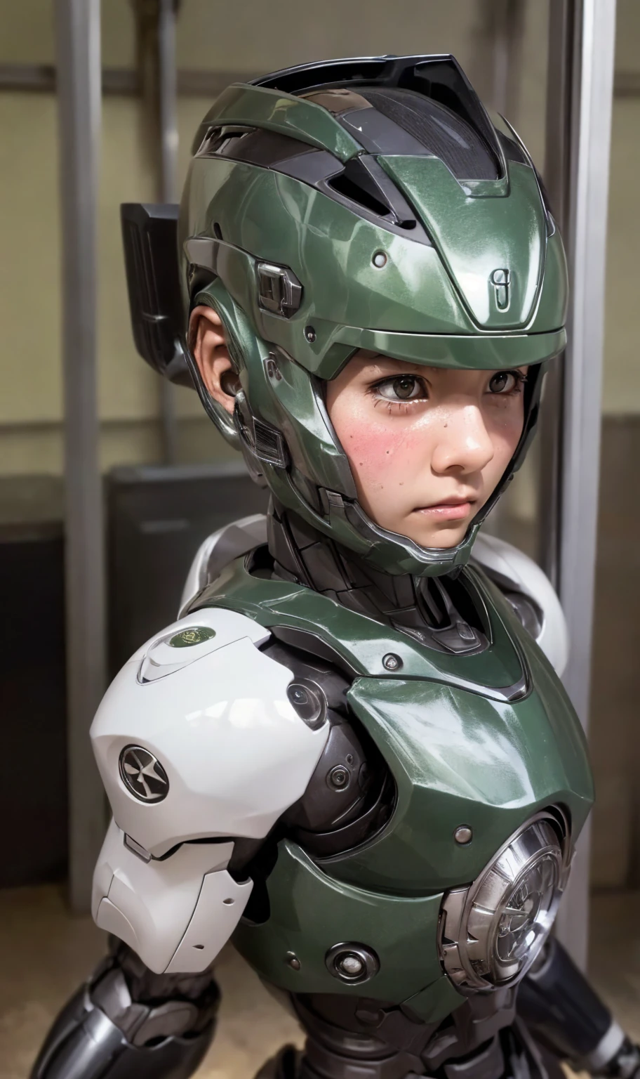 Textured skin, Super Detail, high details, High quality, Best Quality, hight resolution, 1080p, hard disk, Beautiful,(War Machine),beautiful cyborg woman,Dark Green Mecha Cyborg Girl,Very Shorthair、sweaty brown eyes、Sweaty face、Bitter expression　Drooling from the mouth　Moist eyes　　Looks spicy　(The limit of patience) crouch down　squatt　The vagina is visible