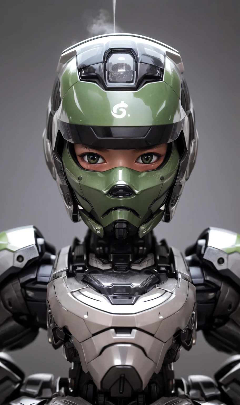 Textured skin, Very detailed, Attention to detail, high quality, 最high quality, High resolution, 1080P, hard disk, beautiful,(War Machine),beautifulサイボーグ女性,Dark Green Mecha Cyborg Girl,Fight,Girl with a mechanical body,、ergartl　Boyish short hair、Sweaty brown eyes、Sweaty face、Expressions of distress　Blushing　cute　Black-haired　((Steam coming from the head)) (Steam coming out of the whole body) Cool pose　No skin showing　Transformation pose