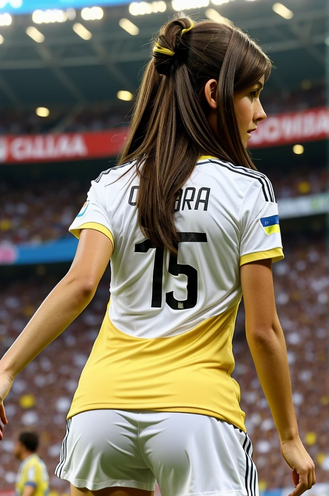 Create an animated image of a white girl with straight brown hair with her back facing the Colombia vs Argentina match wearing the Colombia shirt with the number six