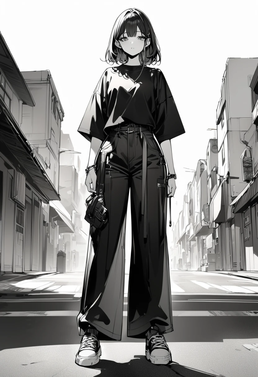 (masterpiece、Highest quality:1.2、8K)、Centered、Only one girl、Street Shirts、Street style wide pants、Monochromatic sneakers、whole body、Simple Background、White background