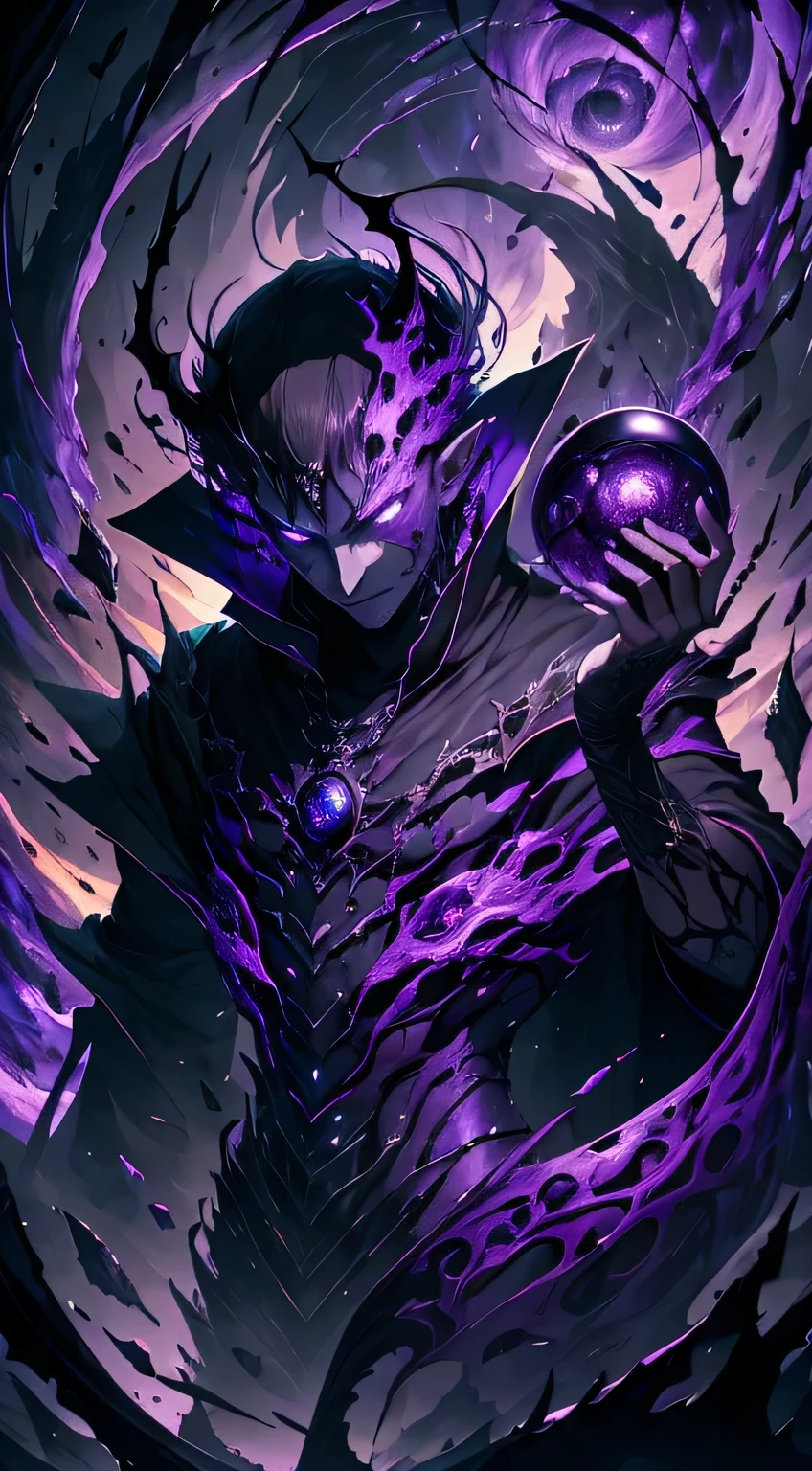 (absurderes, high resolution, ultra detaild, hdr), work of art, best qualityer, vampyre mascle sitting on demon with a giant eye, with an arrogant look, standing alone, vampyre, mascle, demon eyeball, giant eyeball, disgusting, black demon wing, demon horn, bonitas, Black eye, glowing eye, black robe, earring and accessory, bare chested, cocky face, whole body, magic vortex, Spark, maelstrom, black and purple aura, dark purple overcast sky, abyss, abstract background, from sideways, I look up, evil smile