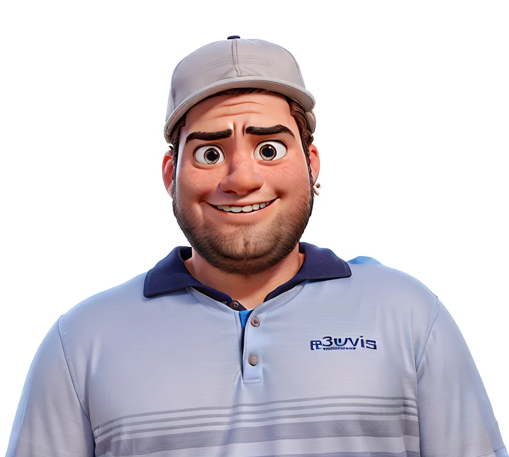Pixar-style 3D movie poster: A man between 22 and 30 years old, with straight hair and a large gray quiff, no samurai style. He has a neatly trimmed beard and a bright smile. He has a megaphone in his hands, pointing at something, and wearing a polo shirt. His eyes have a slightly droopy expression. Hair should be combed back, but without elements of the samurai style.