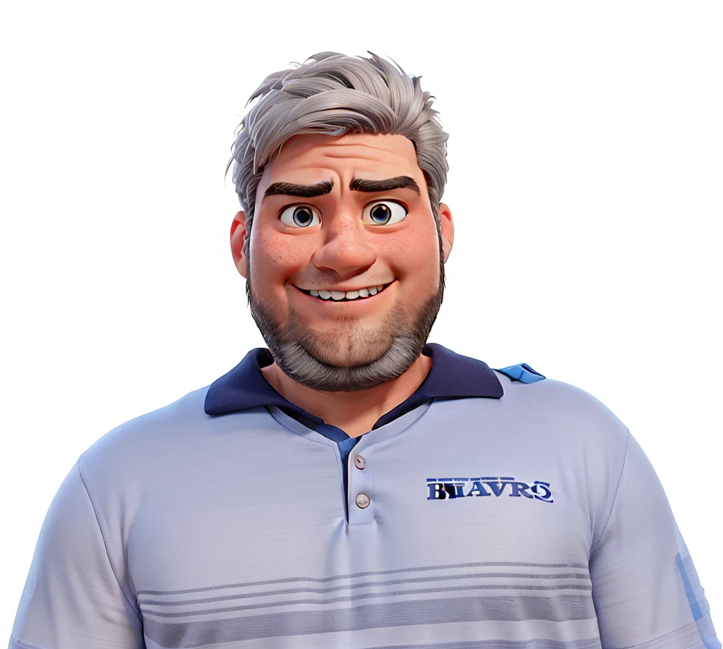 Pixar-style 3D movie poster: A man between 22 and 30 years old, with straight hair and a large gray quiff, no samurai style. He has a neatly trimmed beard and a bright smile. He has a megaphone in his hands, pointing at something, and wearing a polo shirt. His eyes have a slightly droopy expression. Hair should be combed back, but without elements of the samurai style.