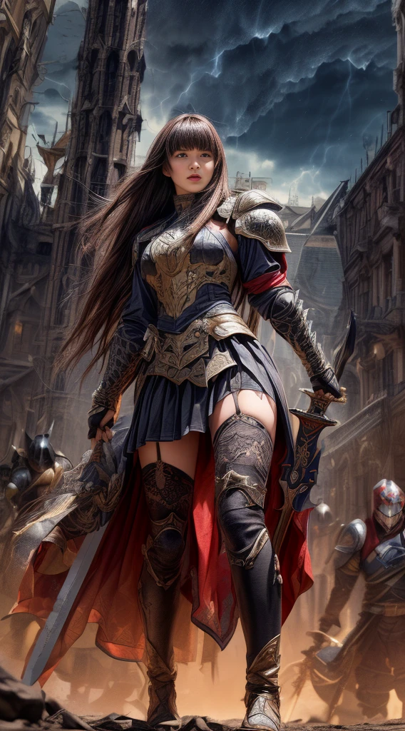 Cowboy Shot、Very beautiful woman、Slender women、(Detailed face)、Realistic Skin、((evil knight)), (Black Armor)、((((非常に細かく複雑な装飾が施されたBlack Armor))))、((Delicate photo))，(Girl Astepeace RAW Photo Details:1.25), (Highest quality:1.6), (Ultra-high resolution:1.5), (Realistic:1.75), 8K resolution, Canon EOS R5, 50mm, Absurd, Super detailed,Cinema Lighting,Battlefields of Medieval Europe、((Fight))、RPG World、Final Fantasy、(((Decorative skirt)))、Thigh-high socks、Shingard、night、((Long hair with bangs,))、Get a six pack、Torn Cloak、Beautiful Armor、(((Giant Sword)))、In combat、The wind is blowing、((Asymmetric Armor:1.5))、(((thunderstorm)))、((Knight Commander))、(((Leading a large group of black knights)))、banner、Wolf Pattern:1.5、(((Battle Scenes)))、(((Creepy Iron Mask)))