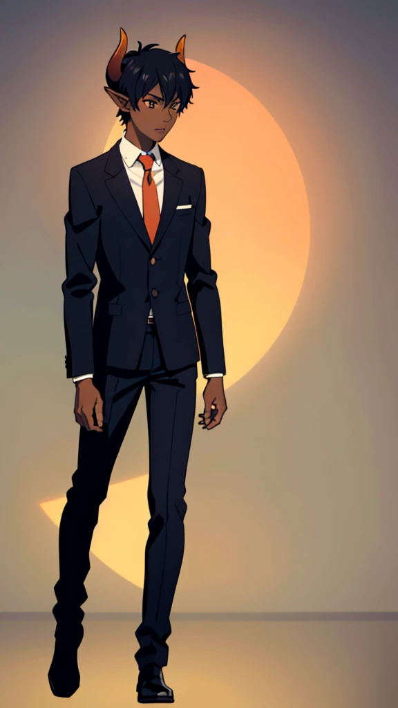 (1boy,20 years old,solo),((dark skin)),short hair,black hair,elf ears,(horns),orange eyes,(no background, simple background),necktie,black jacket, blazer,long sleeves,pants,full body,walking,from front,looking away,parted lips