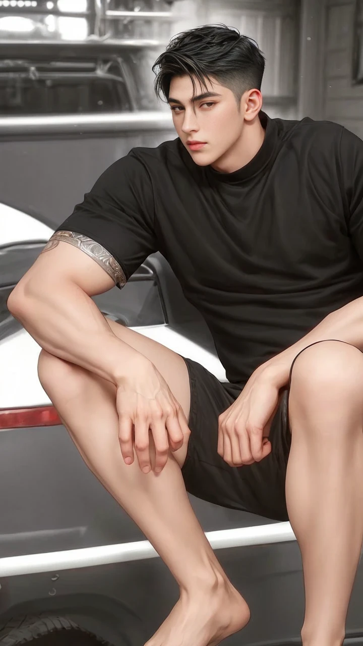 masterpiece, 1boy, adult, handsome, black hair, undercut hair, perfect face, detailed eyes and face, black eyes, clean shaved, muscular, capturing a rural atmosphere, dynamic lighting, unreal engine 5, hd picture,