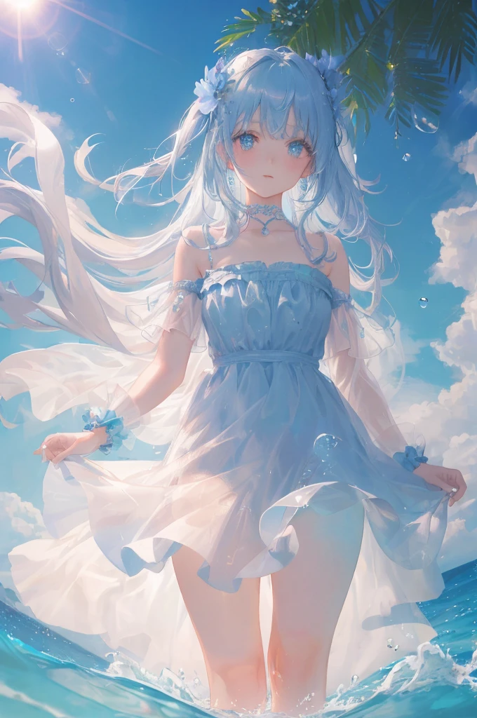 art by Cornflower, dreamy
(a girl who was and had beautiful detailed eyes. The depth of field in the photo was perfect, and the lens flare added a nice touch. The finely detailed features of her face really stood out, and the score for this photo was definitely greater than 10. In the background, there was a beautiful ocean with crystal clear water and water droplets on the surface. It was a stunning photo that really captured the beauty of the girl and the water.)