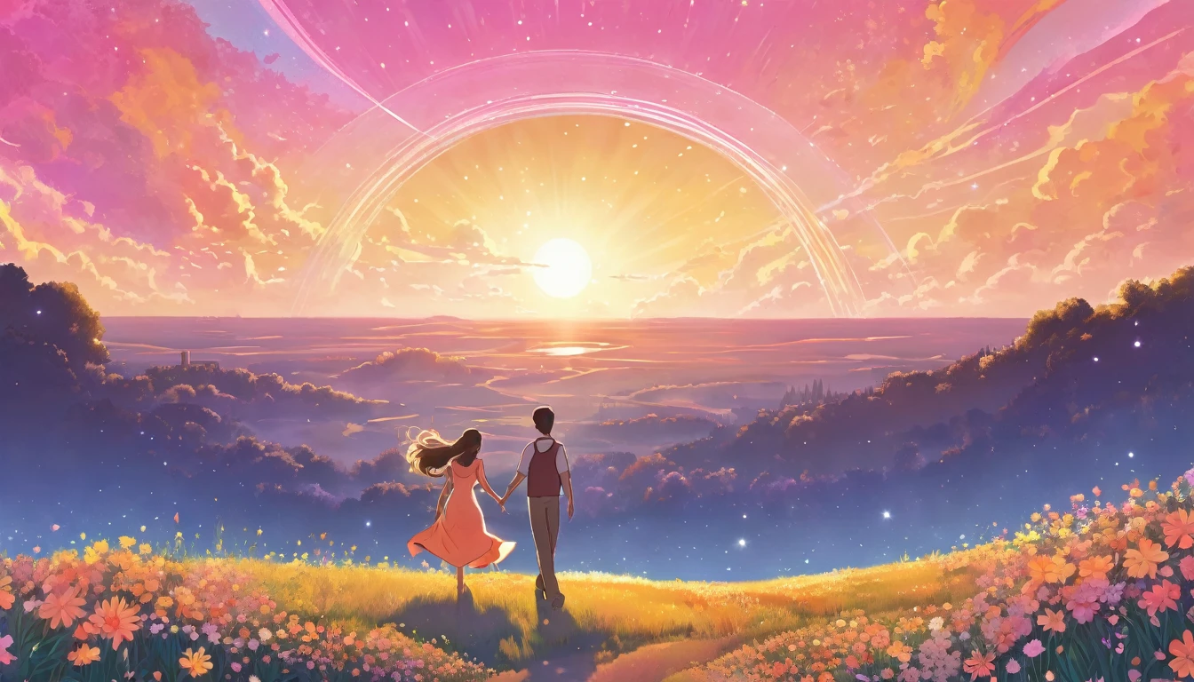 Create an illustration in the style of a cartoon. The scene symbolizes new hope and moving forward into the future. In the foreground, a man is walking toward the future.
A young woman has long hair blowing in the wind and is wearing a pale pink dress. She is smiling and gazing with hopeful eyes.
In the background is a beautiful sky at the moment of dawn. The sun is beginning to rise and the sky is tinged with shades of orange and pink. In the distance, we see a shining future with a rainbow as a symbol of hope.
On the horizon is a door to the future, and beyond the door is a shining new world.
The stars are still shining in the sky, depicting the dream they vowed to each other under the stars. Around them, flowers are blooming and swaying in the wind. The overall mood should convey hope, determination, and progress toward the future. The illustration symbolizes a story of overcoming any challenges and moving forward into the future.