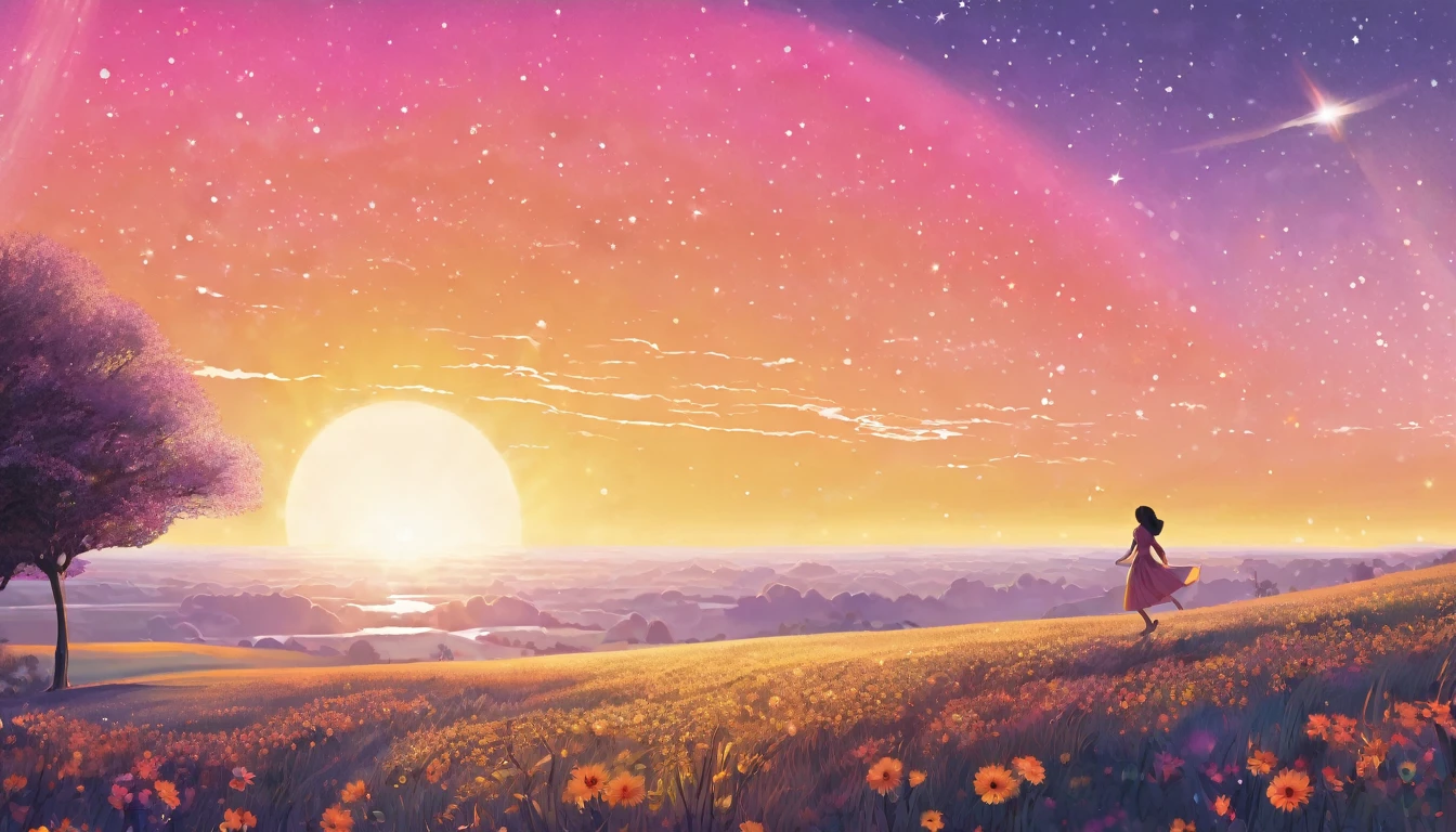 Create an illustration in the style of a cartoon. The scene symbolizes new hope and moving forward into the future. In the foreground, a man is walking toward the future.

A young woman has long hair blowing in the wind and is wearing a pale pink dress. She is smiling and gazing with hopeful eyes.

In the background is a beautiful sky at the moment of dawn. The sun is beginning to rise and the sky is tinged with shades of orange and pink. In the distance, we see a shining future with a rainbow as a symbol of hope.

On the horizon is a door to the future, and beyond the door is a shining new world.

The stars are still shining in the sky, depicting the dream they vowed to each other under the stars. Around them, flowers are blooming and swaying in the wind. The overall mood should convey hope, determination, and progress toward the future. The illustration symbolizes a story of overcoming any challenges and moving forward into the future.