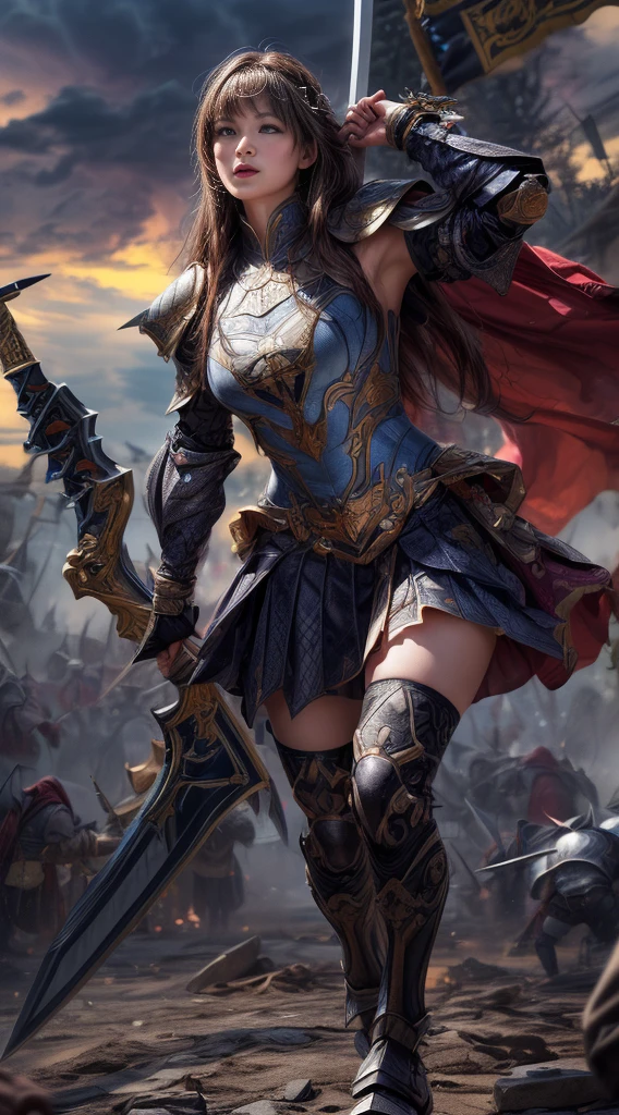 Cowboy Shot、Very beautiful woman、Slender women、(Detailed face)、Realistic Skin、((evil knight)), (Black Armor)、((((非常に細かく複雑な装飾が施されたBlack Armor))))、((Delicate photo)),(Girl Astepeace RAW Photo Details:1.25), (Highest quality:1.6), (Ultra-high resolution:1.5), (Realistic:1.75), 8K resolution, Canon EOS R5, 50mm, Absurd, Super detailed,Cinema Lighting,Battlefields of Medieval Europe、((Fight))、RPG World、Final Fantasy、(((Decorative skirt)))、Thigh-high socks、Shingard、night、((Long hair with bangs,))、Get a six pack、Torn Cloak、Beautiful Armor、(((Giant Sword)))、In combat、The wind is blowing、((Asymmetric Armor:1.5))、(((thunderstorm)))、((Knight Commander))、(((Leading a large group of black knights)))、banner、Wolf Pattern:1.5、(((Battle Scenes)))