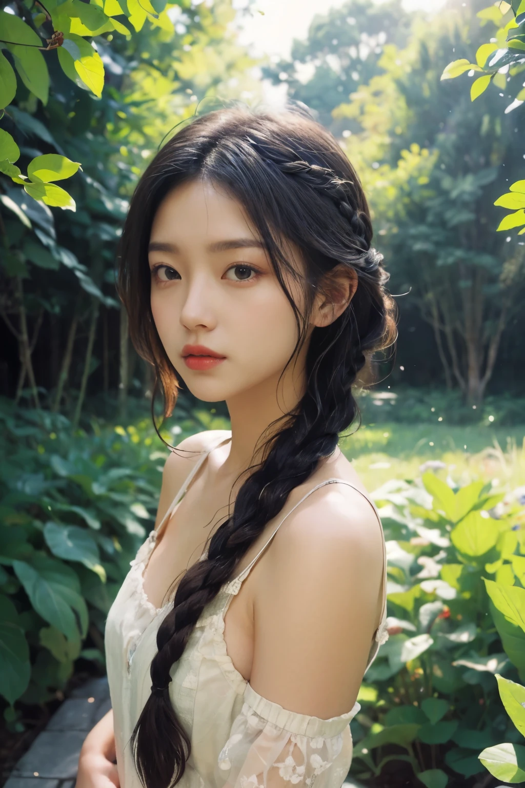 masterpiece, bestquality, 32kwallpaper, ultradetailed,ultrahighres, photography,realistic,1girl,solo,perfect hair, Blackhair, Sidebraid, BREAK, morningglow, pastelsky, cooltones, sunrays, softlight, peaceful atmosphere,early morning serenity,