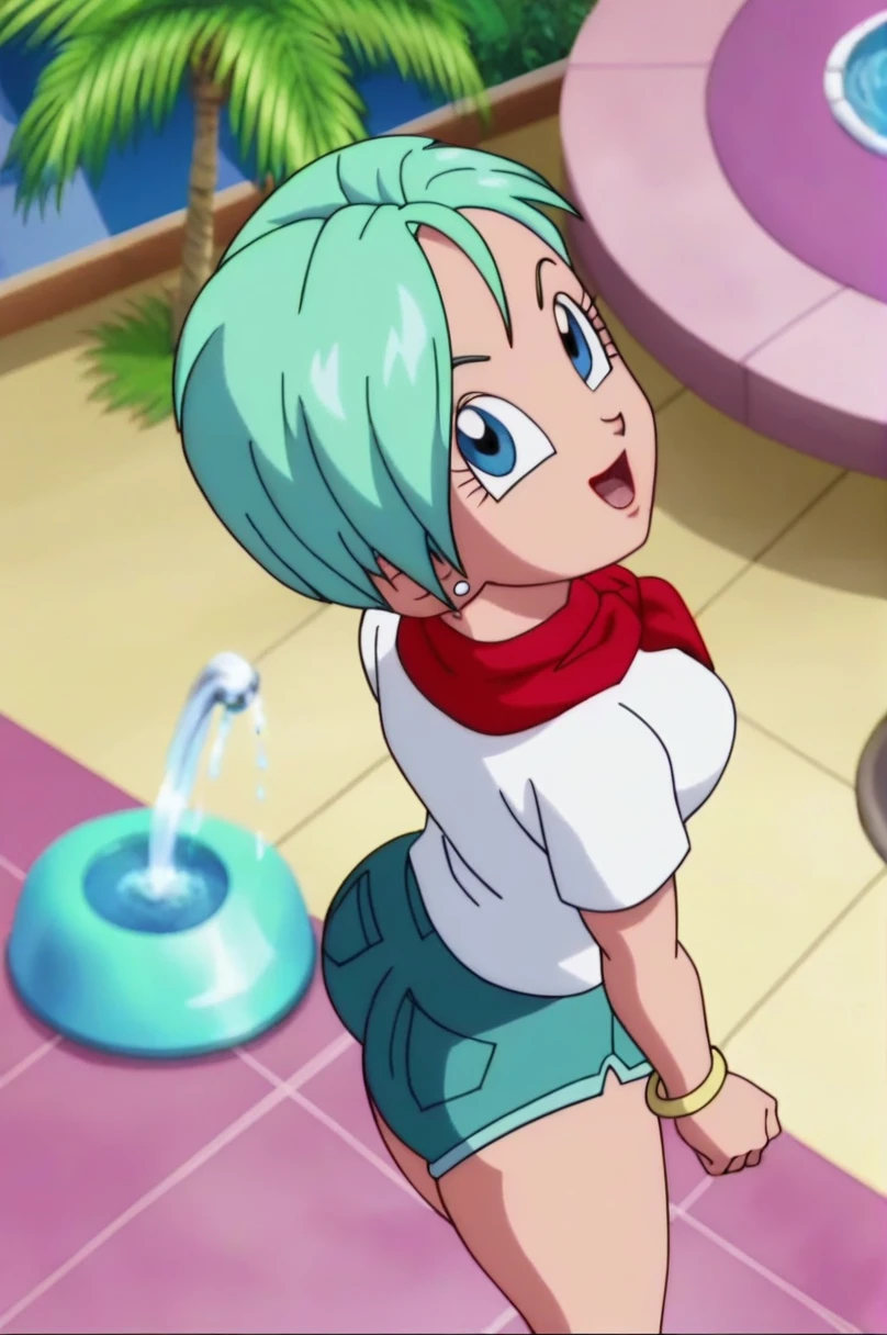 fountain_cheered up, score_9, score_8_above, score_7_above, cheered up screencap,8k, absurd res,
BULMA, 1 girl, Alone, old, SMILE, short hair, bowl cut, Open mouth, Blue eyes, neckline, jewelry, medium old, blue fur, White shirt, aboveper body, :d, earrings, outdoors, sky, day, cloud, blurred, tree, blue sky, red neckerchief, palm tree, Official style, cheered up coloring, portrait, scanty clothes, sexy ass, medium rear, medium breasts