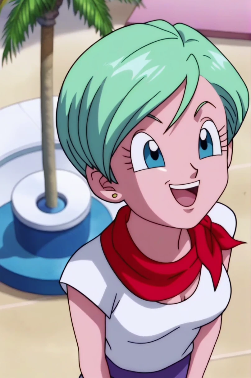 fountain_cheered up, score_9, score_8_above, score_7_above, cheered up screencap,8k, absurd res,
BULMA, 1 girl, Alone, old, SMILE, short hair, bowl cut, Open mouth, Blue eyes, neckline, jewelry, medium old, blue fur, White shirt, aboveper body, :d, earrings, outdoors, sky, day, cloud, blurred, tree, blue sky, red neckerchief, palm tree, Official style, cheered up coloring, portrait, scanty clothes, sexy ass, medium rear, medium breasts