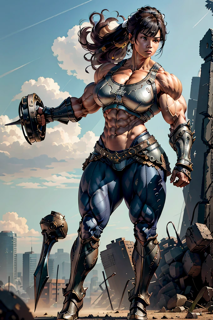 (Best lighting) , (Very intricate details) , 4K Integration, (Super fine CG: 1.2) , (8K: 1.2),(original), (masterpiece) , (Highest quality),(masterpiece:1.4),((Full images))、Photo quality,(masterpiece),masterpiece, Highest quality, Absurd,((Masterpiece, 4K, 8K, High resolution)),(masterpiece), (Highest quality), (Super detailed), (Very delicate and beautiful), ((Full body image 1:1.5)), 1 female, ((solo woman image)), The face of a 40-year-old Western woman、A beautiful, well-balanced face、 ((A woman with a muscular body like a male bodybuilder)),((Huge muscular physique))、((A giant woman, 18 metres tall))、Fantasy giant woman、Crushing a car、((Beautiful woman)),((Woman warrior)),45 year old mature woman, Wearing Valkyrie Metal Armor、((Metal armor that resembles a thick chest and abdominal muscles))、((Metal armor covering the upper body))、mini skirt、Valkyrie's Helmet、Very strong legs、((Long boots with pin heels))、((kneehigh boots))、Has a huge sword、Dilapidated cityscape,Strength and elegance,Solemn atmosphere,((The Queen's Appearance))、((The Strongest Queen of Mankind))、(Huge muscular physique),((A woman with a body like a male bodybuilder))、((Protruding veins))、((A woman with a toned chest like a male bodybuilder))、Raised trapezius muscle、very thick neck、((Strong arms with bulging biceps))、A muscular chest、Six-pack、((Thick thighs with bulging muscles))、Exposed thighs、((Bicep-like calf muscles))、Very large sole size、Overflowing with incredible strength、Muscles bulging out from under the force of force all over the body、Black Hair、ponytail、A commanding presence,Poses that show off their monstrous power,Model standing、Standing with dignity、Vibrant colors,Down to the smallest thread,Impressive level textures,Sharp focus,