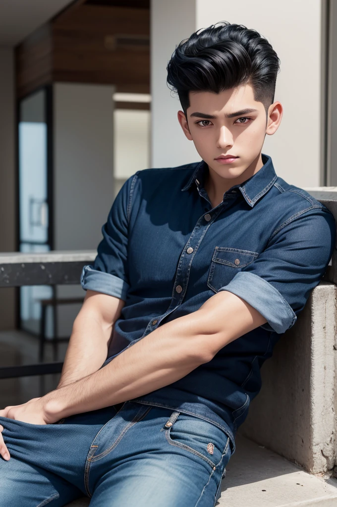 A boy hair black pompadour blue shirt and jeans,eyes brown