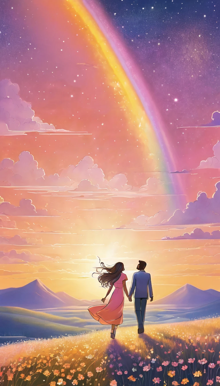 Create an illustration in the style of a cartoon. The scene symbolizes new hope and moving forward into the future. In the foreground, a man is walking toward the future.

A young woman has long hair blowing in the wind and is wearing a pale pink dress. She is smiling and gazing with hopeful eyes.

In the background is a beautiful sky at the moment of dawn. The sun is beginning to rise and the sky is tinged with shades of orange and pink. In the distance, we see a shining future with a rainbow as a symbol of hope.

On the horizon is a door to the future, and beyond the door is a shining new world.

The stars are still shining in the sky, depicting the dream they vowed to each other under the stars. Around them, flowers are blooming and swaying in the wind. The overall mood should convey hope, determination, and progress toward the future. The illustration symbolizes a story of overcoming any challenges and moving forward into the future.