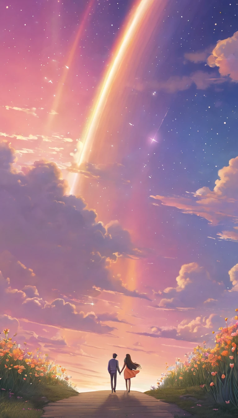 Create an illustration in the style of a cartoon. The scene symbolizes new hope and moving forward into the future. In the foreground, a man is walking toward the future.
A young woman has long hair blowing in the wind and is wearing a pale pink dress. She is smiling and gazing with hopeful eyes.
In the background is a beautiful sky at the moment of dawn. The sun is beginning to rise and the sky is tinged with shades of orange and pink. In the distance, we see a shining future with a rainbow as a symbol of hope.
On the horizon is a door to the future, and beyond the door is a shining new world.
The stars are still shining in the sky, depicting the dream they vowed to each other under the stars. Around them, flowers are blooming and swaying in the wind. The overall mood should convey hope, determination, and progress toward the future. The illustration symbolizes a story of overcoming any challenges and moving forward into the future.