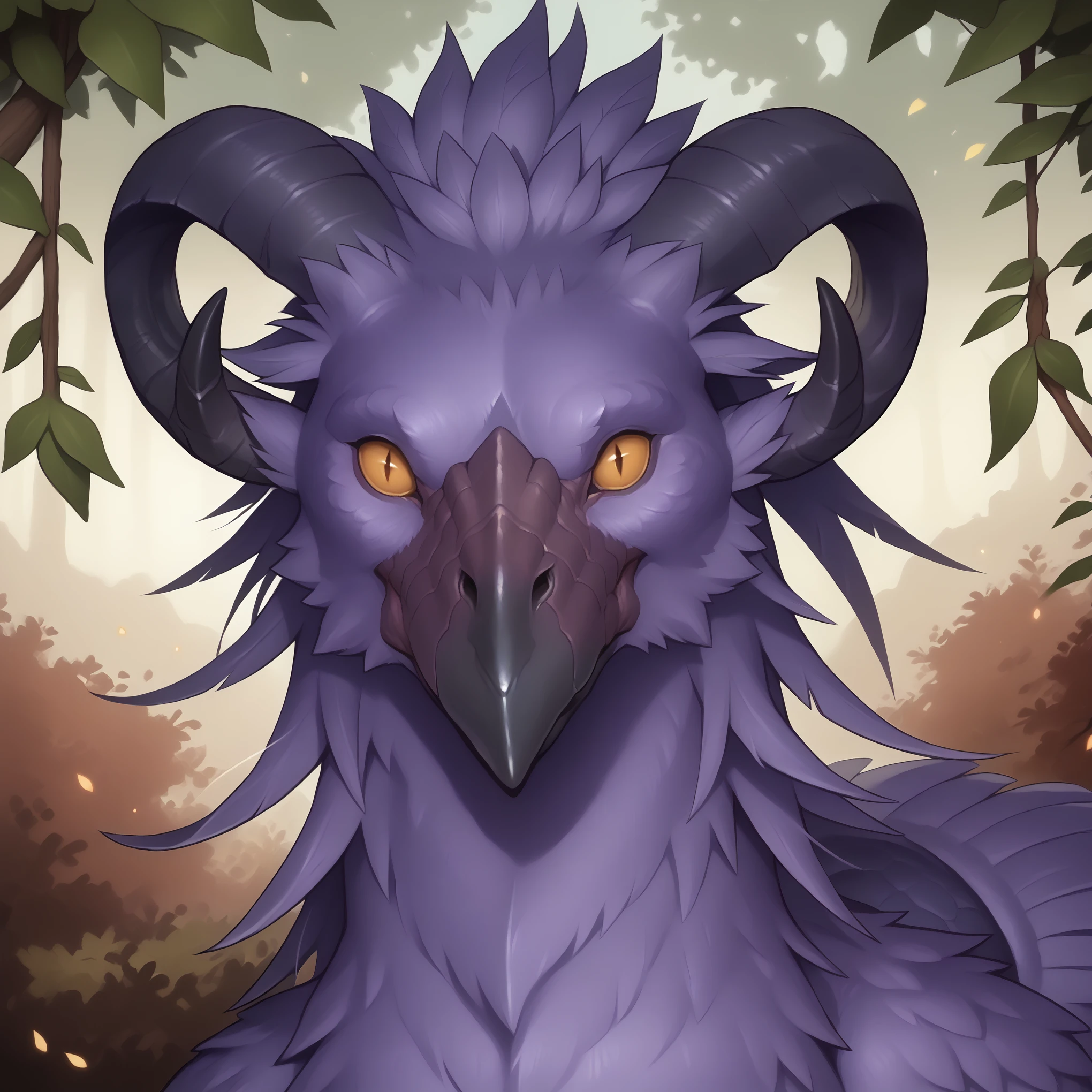 (((beautiful, high quality, perfect eyes, comics style, semi-realistic, detailed face))), score_9, score_8_up, score_7_up, BREAK ((Chocobo, Purple Feathers)), (((Black Horns, Horned, Curved Horns))), ((yellow sclera, black pupils)), outdoor, fantasy background, autumn, boreal forest, DeepNegative_xl_v1, zPDXL2, detailxl