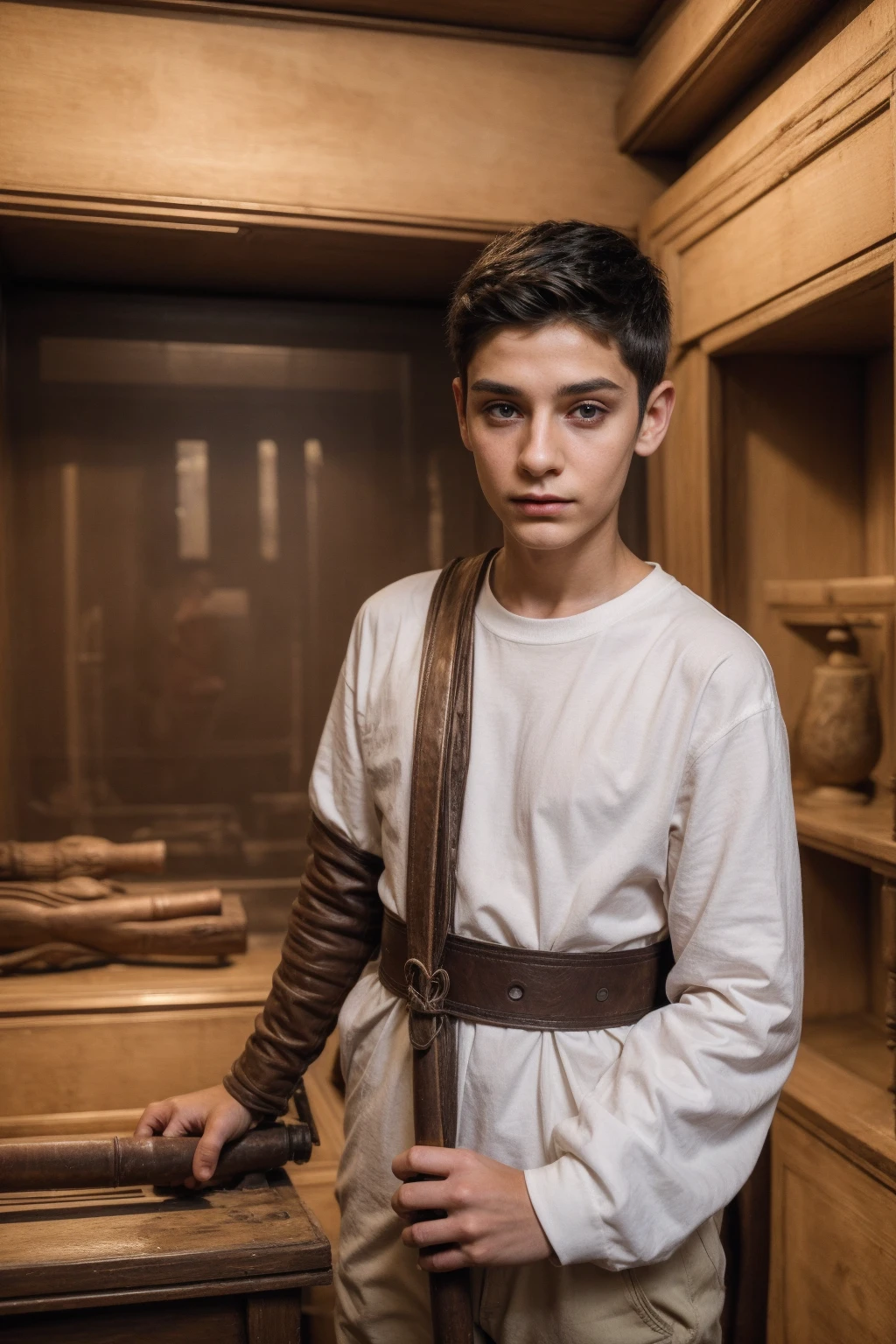 A cute, beautiful twink male with black hair and a red face with makeup. He is wearing a white long-sleeved shirt and brown pants. He is in the Antiquities Museum of Military Equipment. He has a whip in his hand and he looks in amazement.