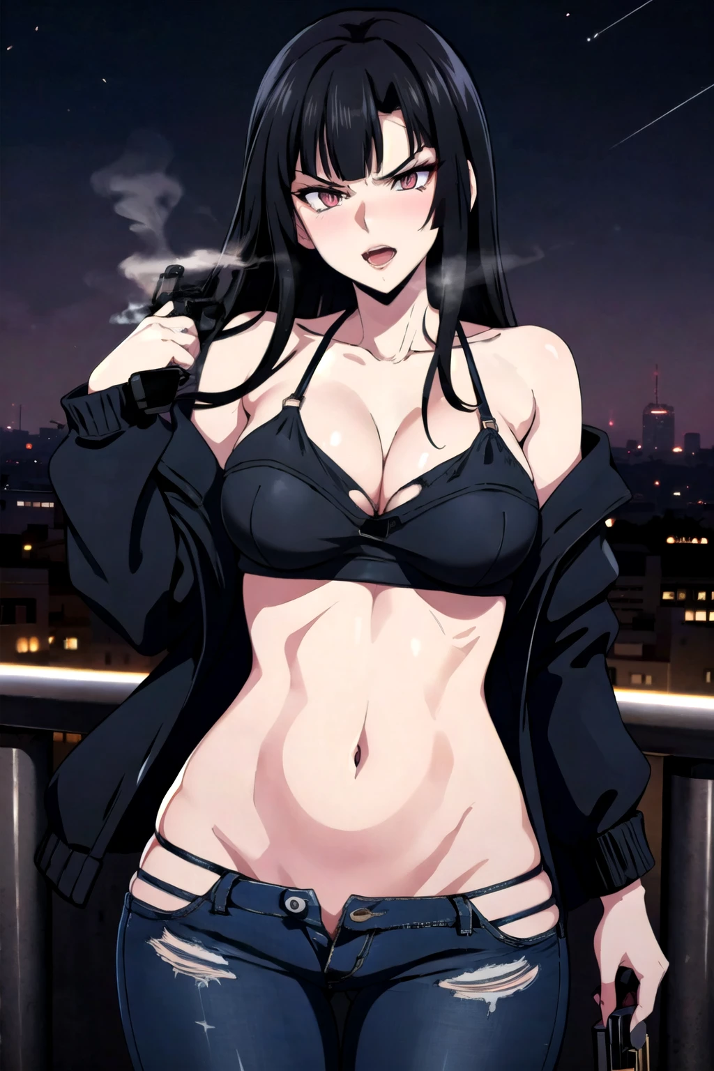 1girl, solo, standing, red eyes, slit pupils, mole under eye, black hair, blue hair, two-tone hair, long hair, large breasts, ear piercing, long hair, blush, lipstick,Hot girl, baddie, staring, glaring, bad attitude, mean girl, dare, angry, hate, crazy, smoking, sensual, attractive ,fur trim, mature female, gloves, fur-trimmed coat , outdoors, rooftop, cityscape, building, railing, night, night sky, scenery, moon, city lights, gloves,masterpiece, best quality, highly detailed, a girls with a gun, evil smile , open mouth, sexy gaze, badass
pose , evil smile, smile, guns blazing, anime girl with long hair, beautiful long
haired girl, navel, evil expression, exposed belly, exposed navel, exposed midriff, exposed lower belly,
long black pants, crop top, cleavage, unbuttoned leather pants ,open fly, low rise black leather pants,
leather jacket, holding a gun, navel piercing