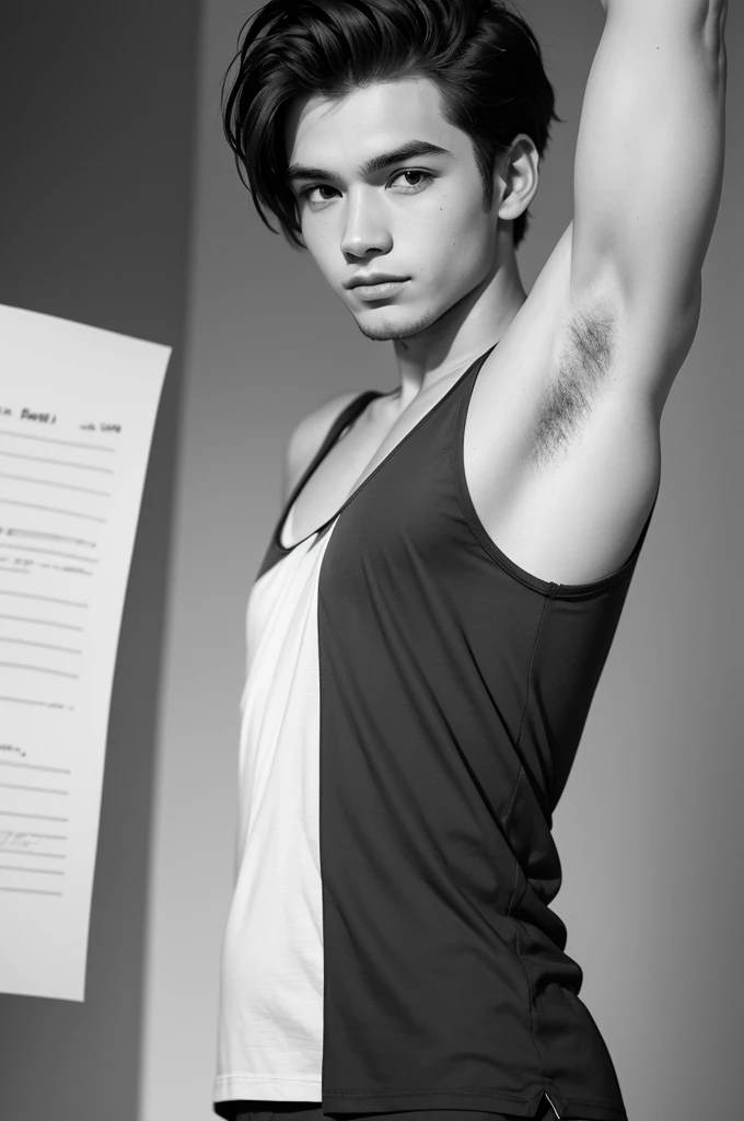 a young man wearing a sleeveless shirt, on your side is your friend lifting his right arm up and placing some piece of paper in his armpit. black andwhite, sketch style drawing