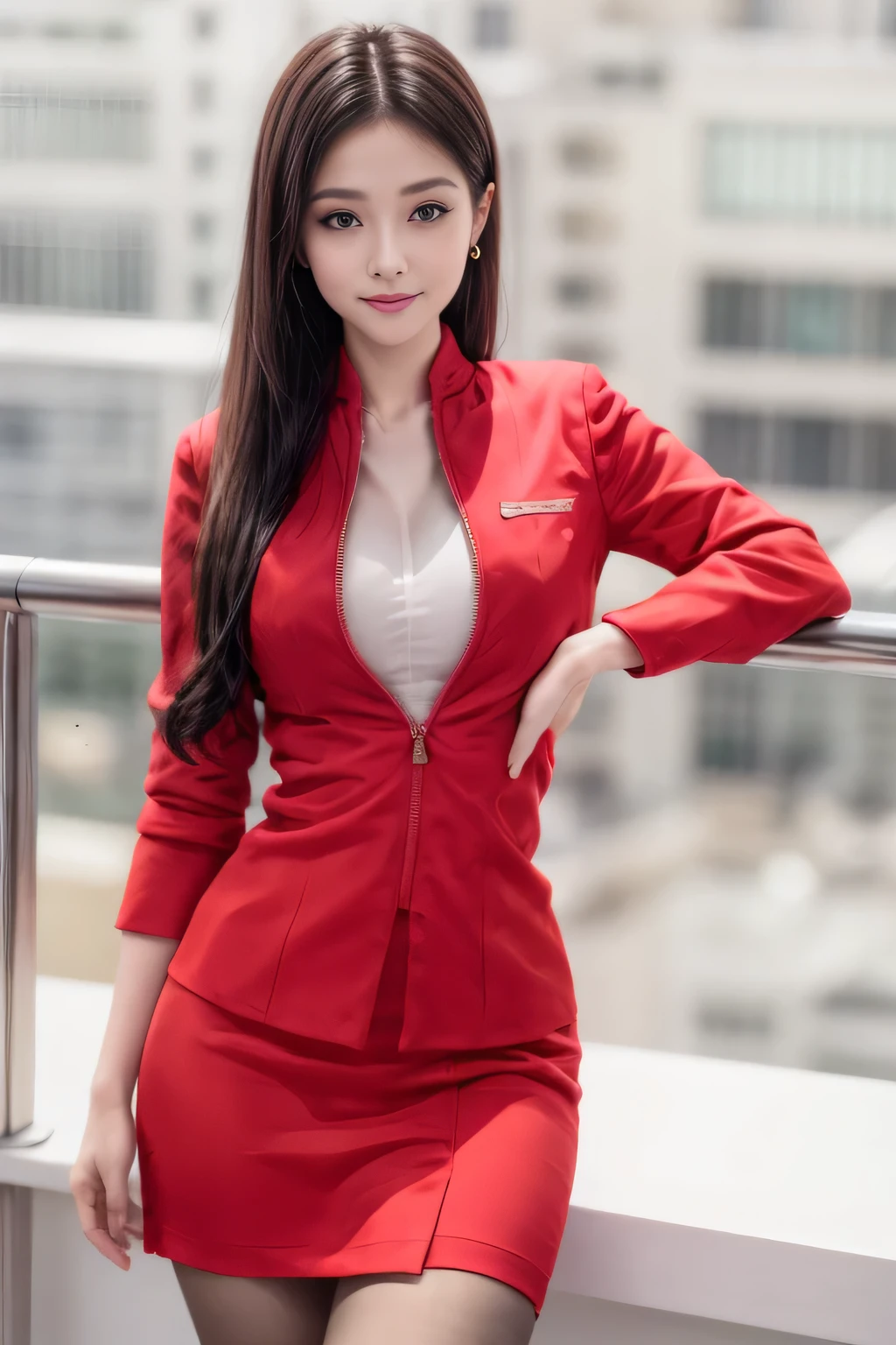 (masterpiece:1.2, Highest quality:1.2), 32k HDR, High resolution, (alone, 1 Girl), (AirAsia stewardess uniform realistic style), A proper woman, Beautiful Face, Brown Hair, (Long hair down to the legs), (Red jacket:1.1, Unzipped jacket, Unbuttoned white shirt:1.05, Red mini skirt:1.1, pantyhose),(Showing big through cleavage in unbuttoned white shirt)、(long hair that reaches down to the legs)、Perfect slim body:1.1, Huge breasts, huge breasts cleavage, Detailed skin texture, Beautiful Eyes, (Attractive look:1.2), necklace、Earrings、(forward leaning posture:1.5), On the roof of a building, Rooftop at daytime,blue eyes、Hands should be lowered