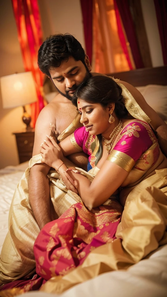 a 50-year-old shirtless man affectionately hugging and kissing aradiant, full-figured South Indian plus-sized 30 year old teacher wearing a blue silky saree in bed room, captured in a full-body image with vibrant hues and meticulous details. Full body image