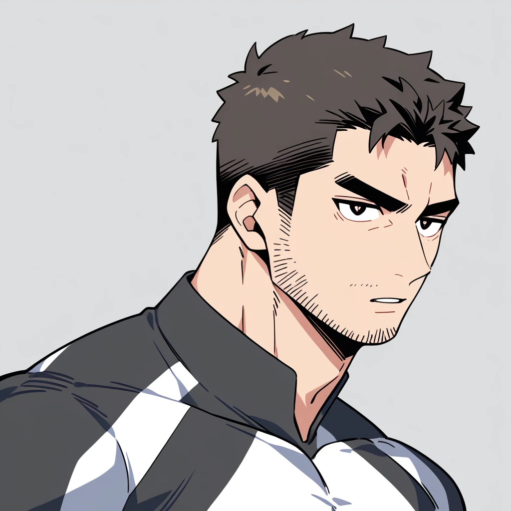 anime characters：Chris Redfield, Muscle Sports Student, Buzz Cut, Manliness, male focus, Dark black Yellow high collar long sleeve tight T-shirt, Very tight, full and perky chest muscles, muscular male, muscular, only, Upper body, alone, Black short hair, Thick eyebrows, stubble, Brown-red pupils, Grey background, simple background, amazing quality, best aesthetics, Ridiculous, parted lips, v-shaped eyebrows, jitome, best quality