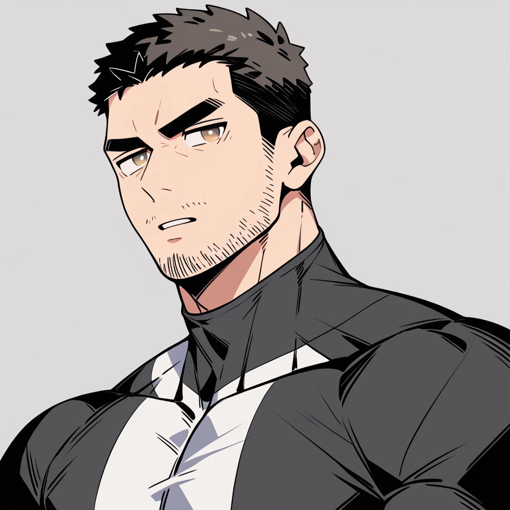 anime characters：Chris Redfield, Muscle Sports Student, Buzz Cut, Manliness, male focus, Dark black Yellow high collar long sleeve tight T-shirt, Very tight, full and perky chest muscles, muscular male, muscular, only, Upper body, alone, Black short hair, Thick eyebrows, stubble, Brown-red pupils, Grey background, simple background, amazing quality, best aesthetics, Ridiculous, parted lips, v-shaped eyebrows, jitome, best quality