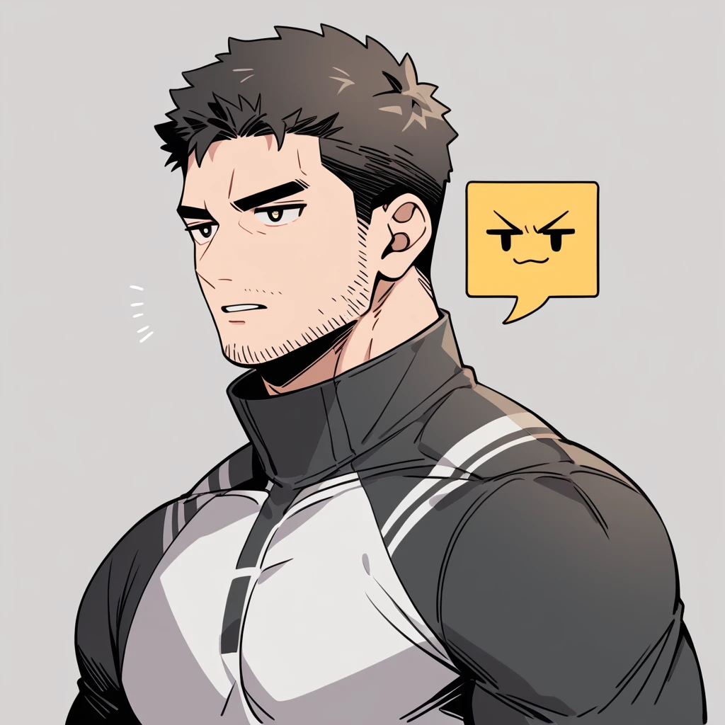 anime characters:Chris Redfield, Muscle Sports Student, Buzz Cut, Manliness, male focus, Dark black Yellow high collar long sleeve tight T-shirt, Very tight, full and perky chest muscles, muscular male, muscular, only, Upper body, alone, Black short hair, Thick eyebrows, stubble, Brown-red pupils, Grey background, simple background, amazing quality, best aesthetics, Ridiculous, parted lips, v-shaped eyebrows, jitome, best quality