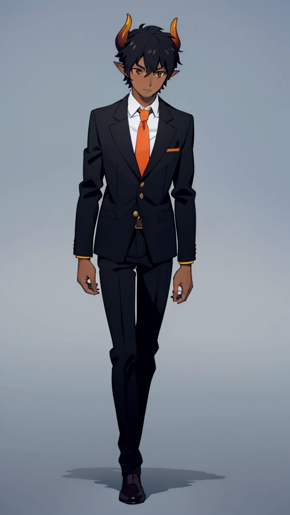 (1boy,20 years old,solo),((dark skin)),short hair,black hair,elf ears,(horns),orange eyes,(no background, simple background),necktie,black jacket, blazer,long sleeves,pants,full body,walking,from front,looking away,timid