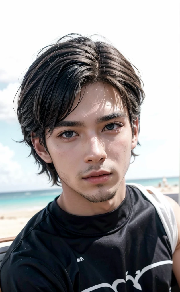 a beautiful man on the beach, sitting on a chair, drinking coconut water, wearing only shorts, detailed facial features, muscular body, clear ocean waves in the background, warm sunlight, vibrant colors, photorealistic, concept art style, 8k, high quality