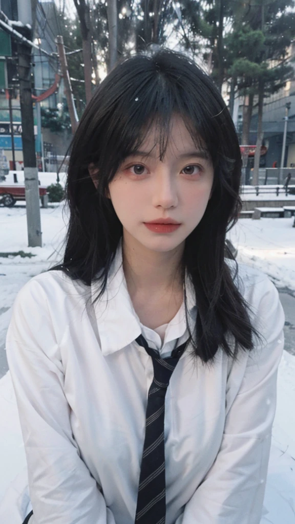 Best quality,masterpiece,1 Girl,Ultra-high resolution,snow,,16K,Snow background,(Photo Realism:1.4),JK,Sexy,(Shirt and Tie:1.2),(Big breasts:1.3),(whole body:1.8),
