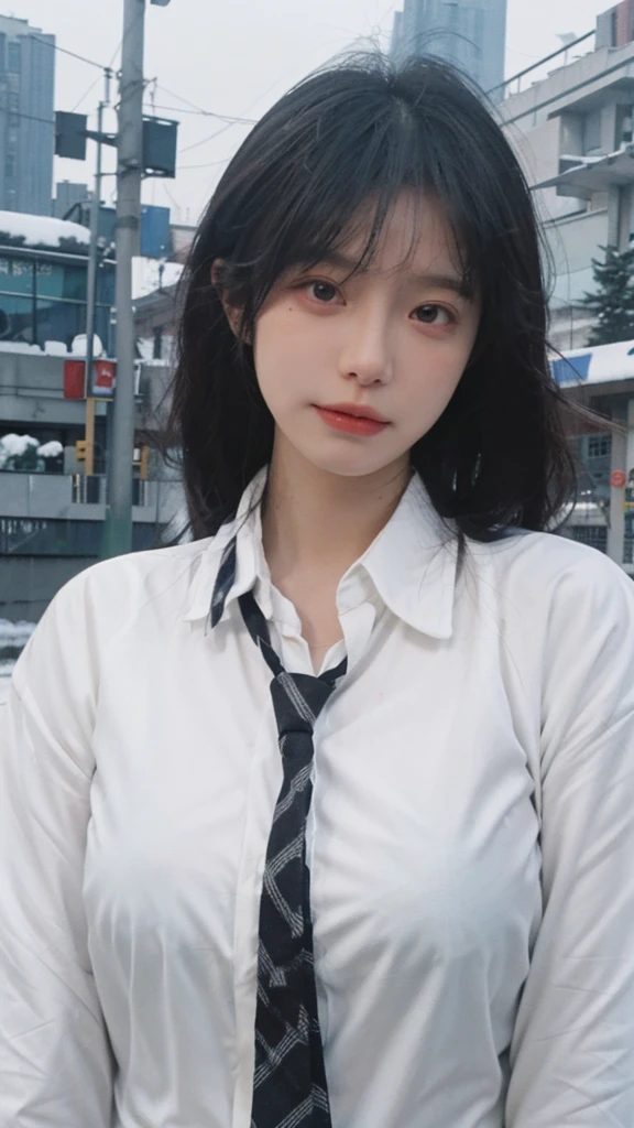 Best quality,masterpiece,1 Girl,Ultra-high resolution,snow,,16K,Snow background,(Photo Realism:1.4),JK,Sexy,(Shirt and Tie:1.2),(Big breasts:1.3),(whole body:1.8),