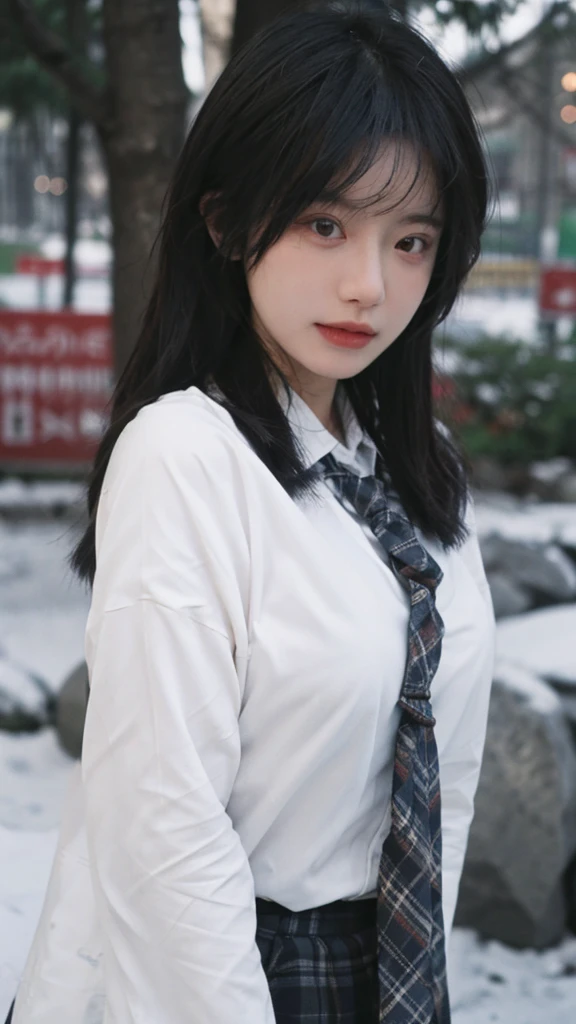 Best quality,masterpiece,1 Girl,Ultra-high resolution,snow,,16K,Snow background,(Photo Realism:1.4),JK,Sexy,(Shirt and Tie:1.2),(Big breasts:1.3),(whole body:1.8),