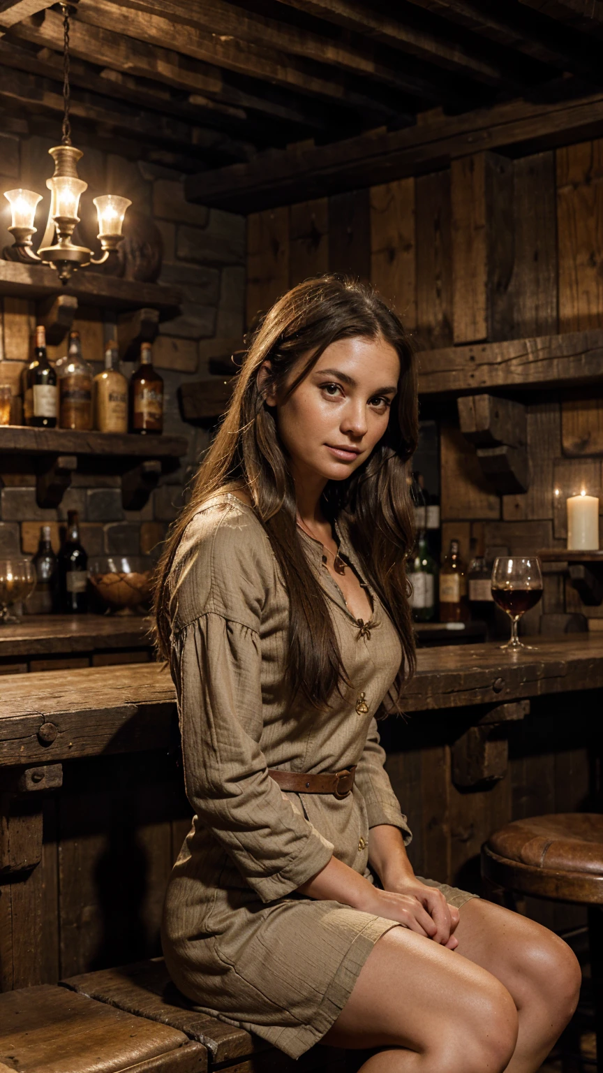 a woman in her mid-thirties, sitting at a medieval bar, wearing a dingy-looking dress, long and very messy brown hair, ugly and round face, full figure, soft smile, medieval tavern interior, brass candlesticks, wooden beams, cobblestone floor, warm lighting, oil painting style, highly detailed, photorealistic, dramatic lighting, cinematic composition, muted color palette