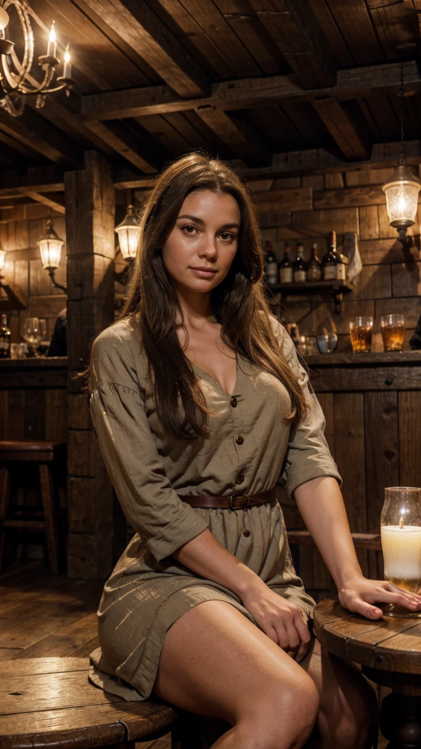 a woman in her mid-thirties, sitting at a medieval bar, wearing a dingy-looking dress, long and very messy brown hair, ugly and round face, full figure, soft smile, medieval tavern interior, brass candlesticks, wooden beams, cobblestone floor, warm lighting, oil painting style, highly detailed, photorealistic, dramatic lighting, cinematic composition, muted color palette