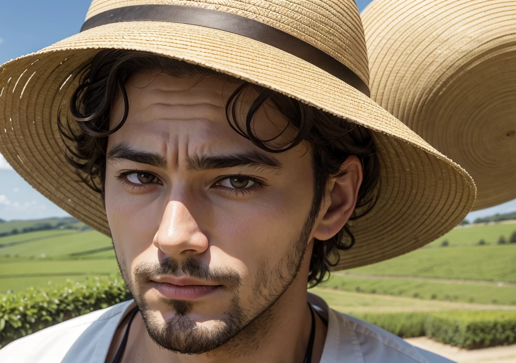 Face of a man with a straw farm hat on his head
