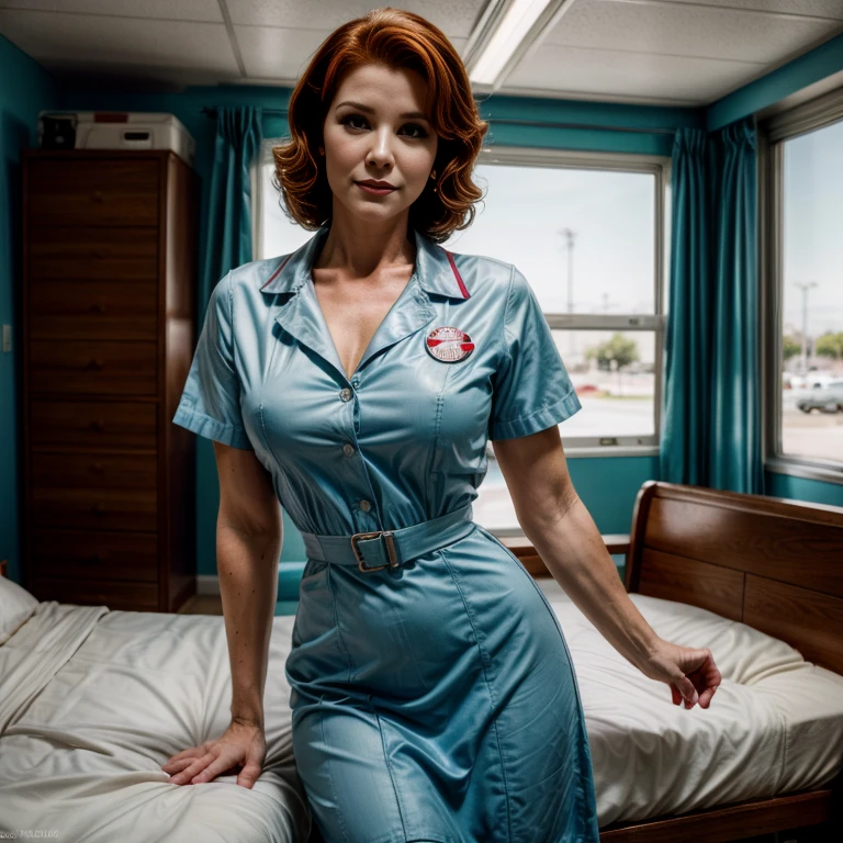 Retro Cam. Melissa Gilbert, Hospital, Nurse uniform, pin-up, vintage dress, 22 years old, perfect body, 40's, perspective, half body detail, sharp focus, light mix, detail, 50's, (high skin detail: 1,2), 8k hd, Wallpaper, DSLR, Luz outfit, high quality, Fujifilm XT3 Grainy Films.